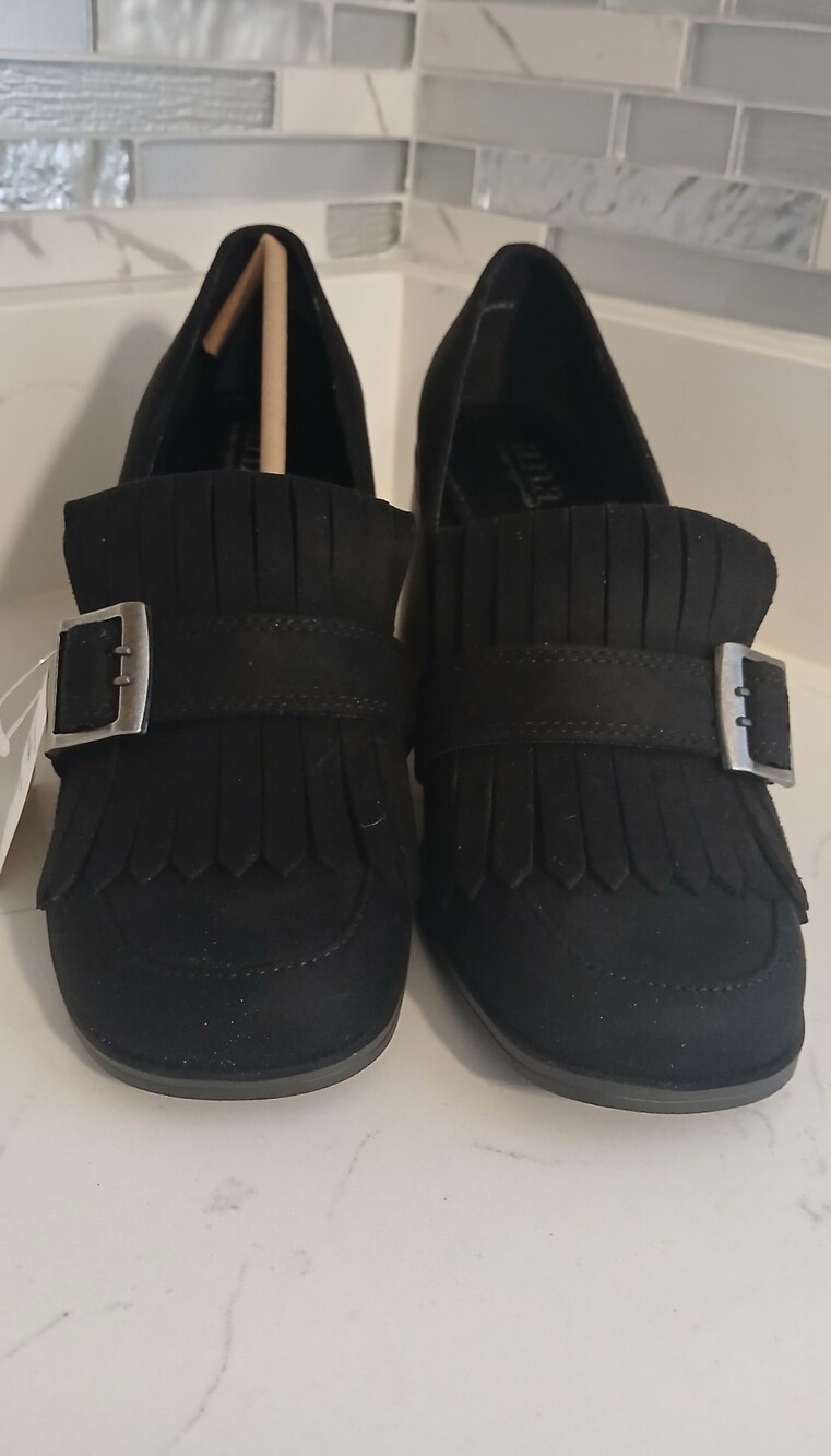 A.N.A. Women’s Black Suede Fringe Loafers with Buckle